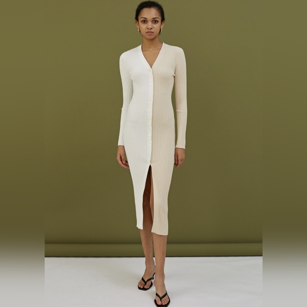 🤎 New Staud Shoko Biscotti White Knit Midi Dress, size S
